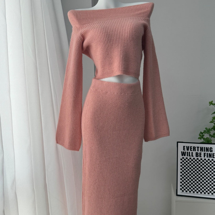 High-grade Off-shoulder Sweater Suit Women's Bag Hip Bottoming Skirt