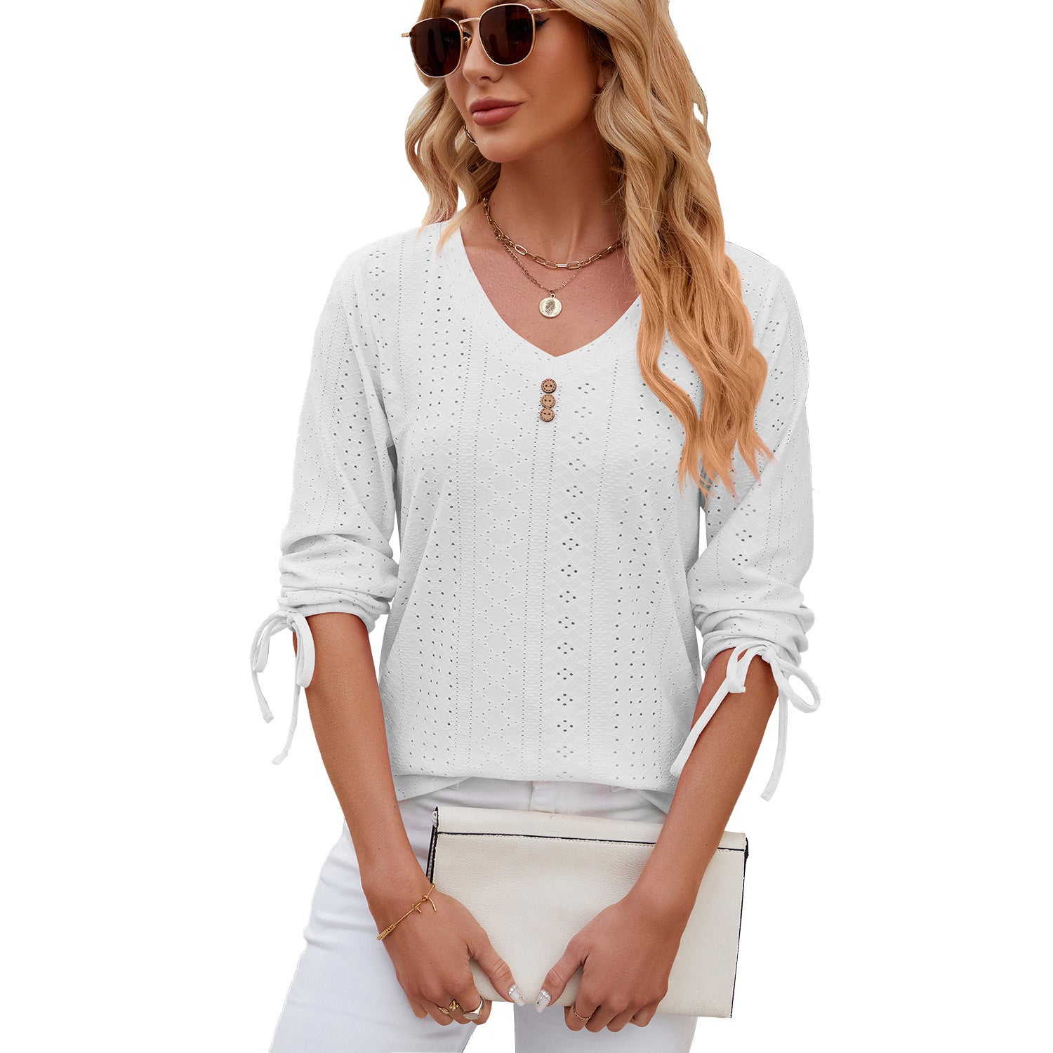 Button V-Neck Solid Colour Half Sleeve Women’s Shirt