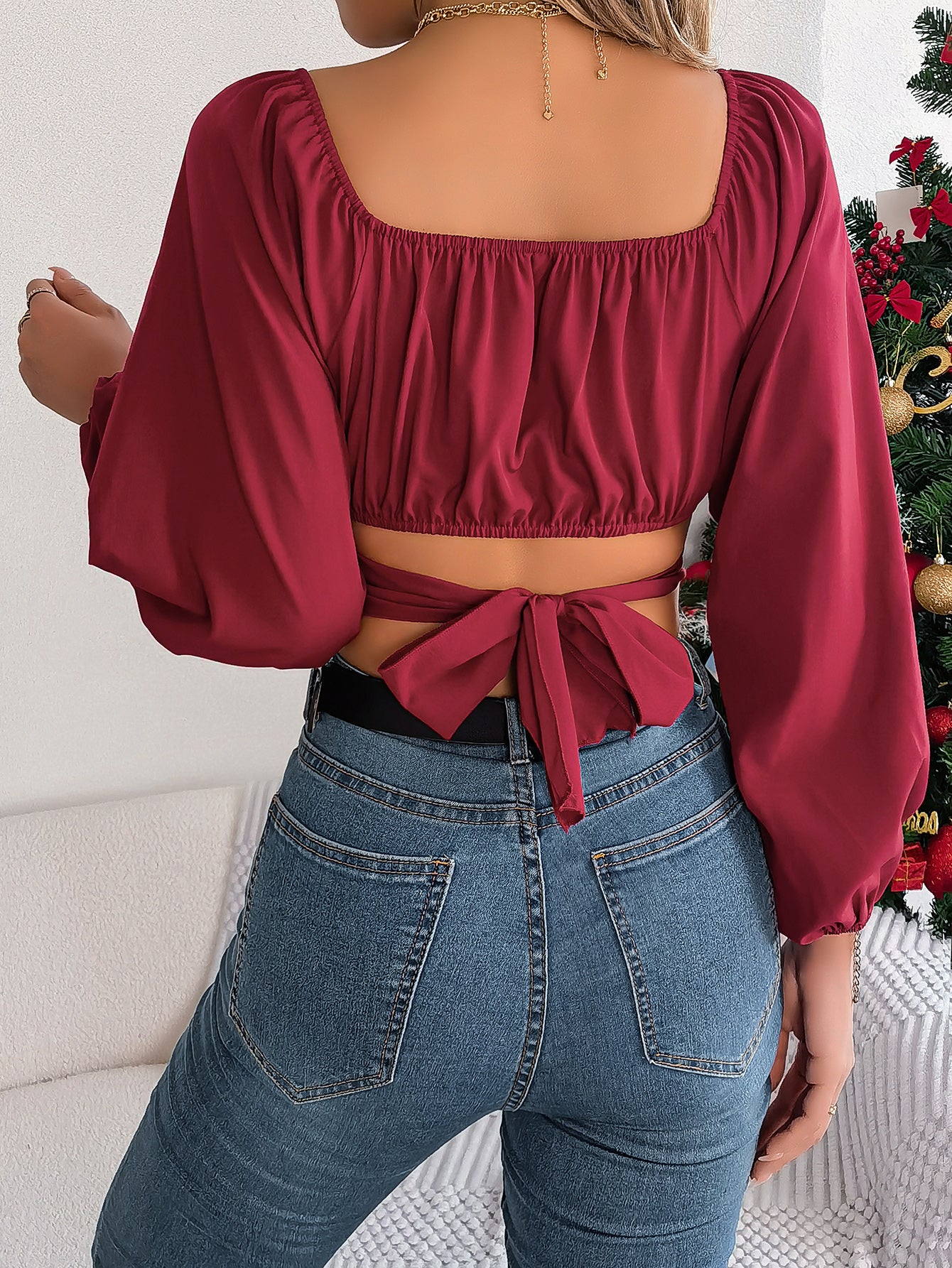 Women's Casual Lantern Sleeve Tie Waist Chiffon Crop Top
