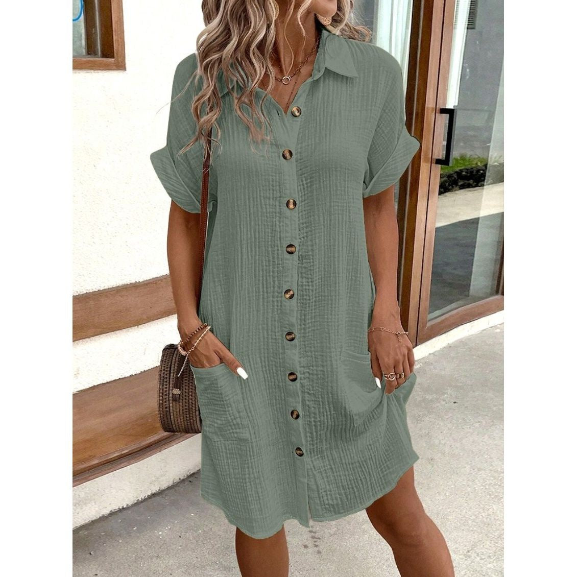 Solid Color Linen Cotton Button Down Loose Shirt Dress
