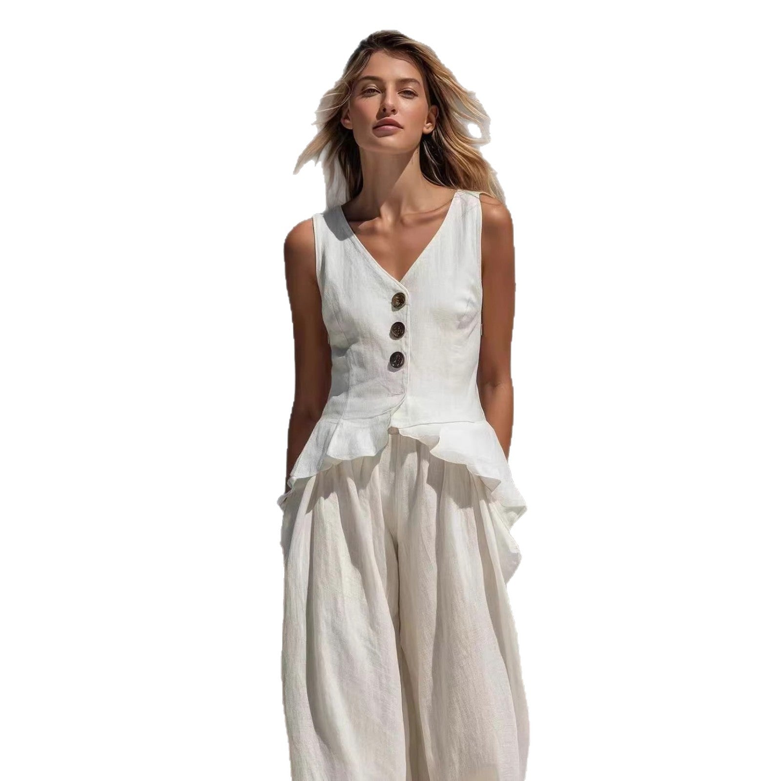 Sweatshirt-style Casual Sleeveless Top And Wide-leg Pants Two-piece Set