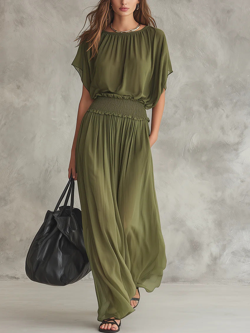 Womens Chiffon Waist-Cinching Ruched Elegant And Sophisticated Long Dress