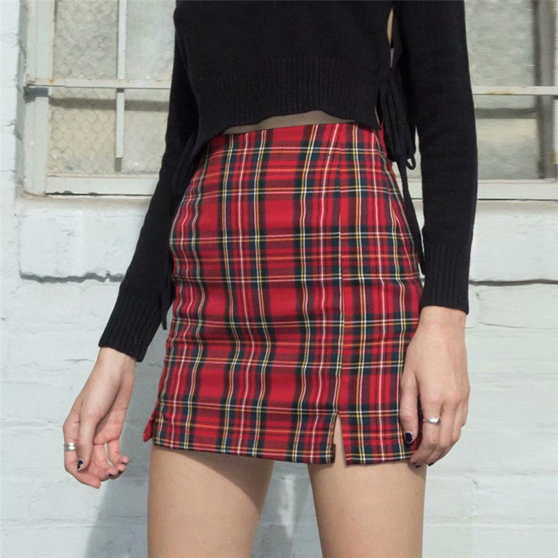 Women's New Style High Waist Bag Hip All-match Slim Plaid Skirt