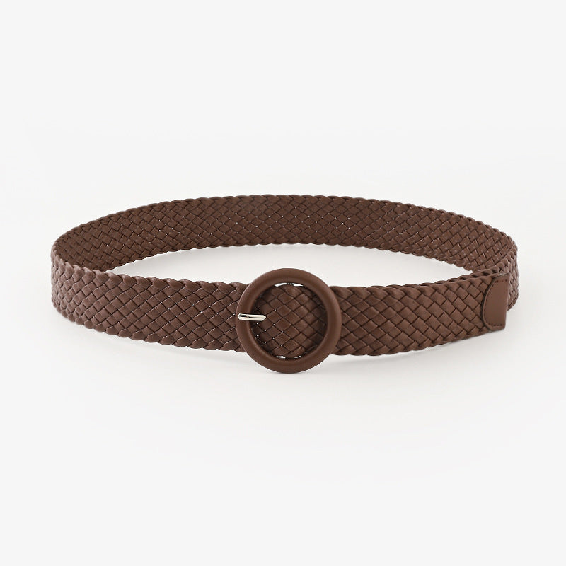 Woven Solid Colour Women’s Belt with Round Buckle