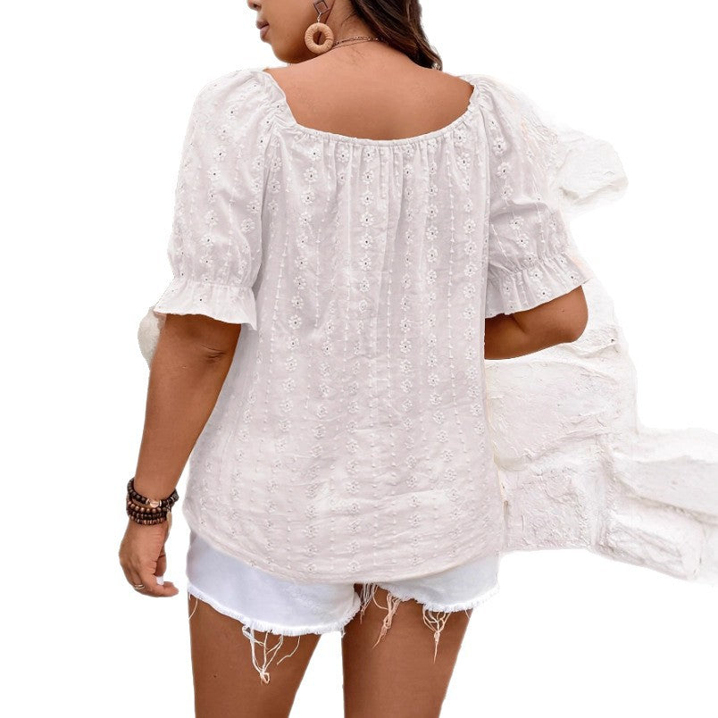 Casual Solid-color Square-neck Hollow-out Short-sleeve Blouse