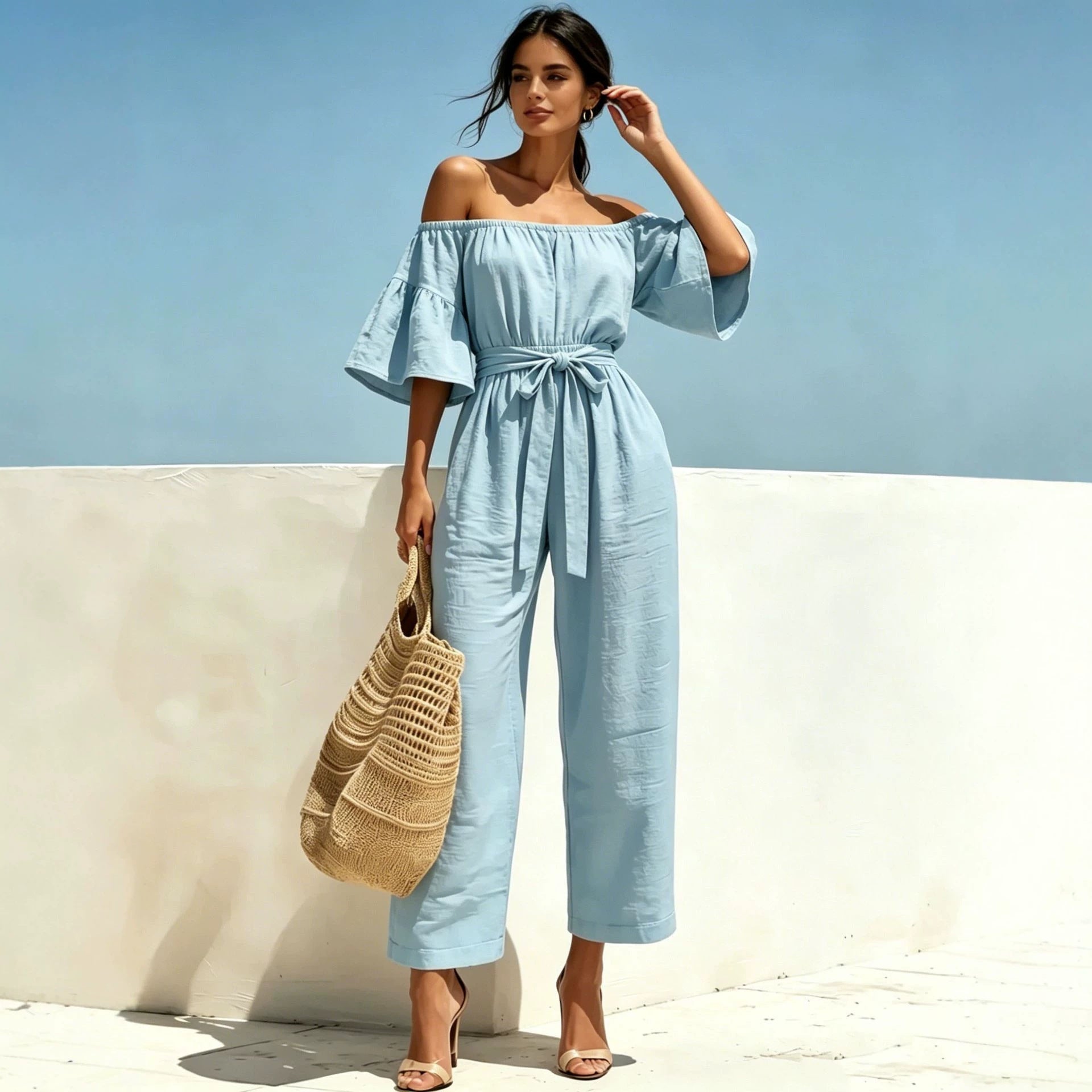 Womens Lace-Up Off-Shoulder Ruffle Jumpsuit