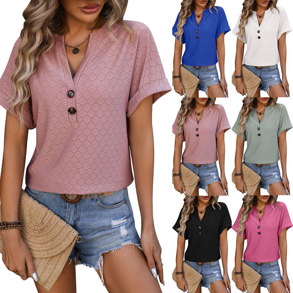 Womens Short Sleeve V-Neck Top with Buttons in 6 Colors S-XXL - Wazzi's Wear