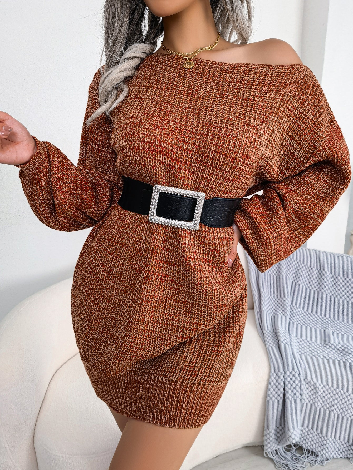 Casual Off-Shoulder Colorful Lantern Sleeve Knit Sweater Dress