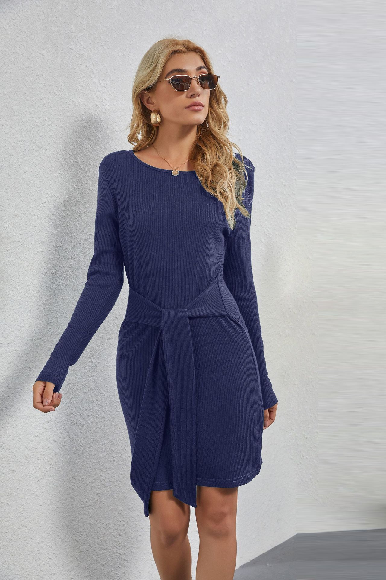 Women's Long Sleeve Dress with Waist Tie in 4 Colors S-XL - Wazzi's Wear