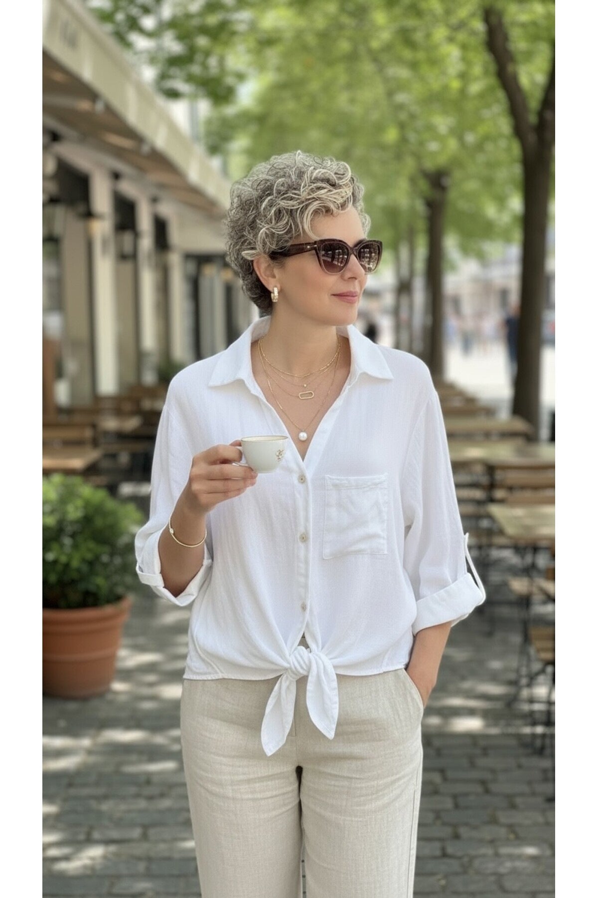 Solid-color Buttoned V-neck Casual Versatile Lace-up Shirt