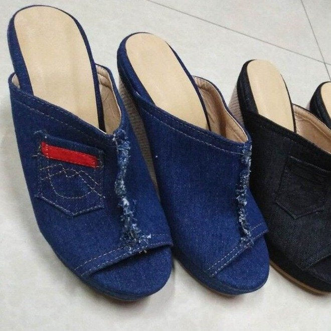 Women’s Denim High Heel Wedge Sandals in 2 Colors - Wazzi's Wear