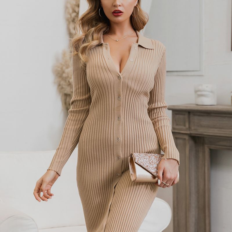 Women sweater long fashion V-neck knitted dress
