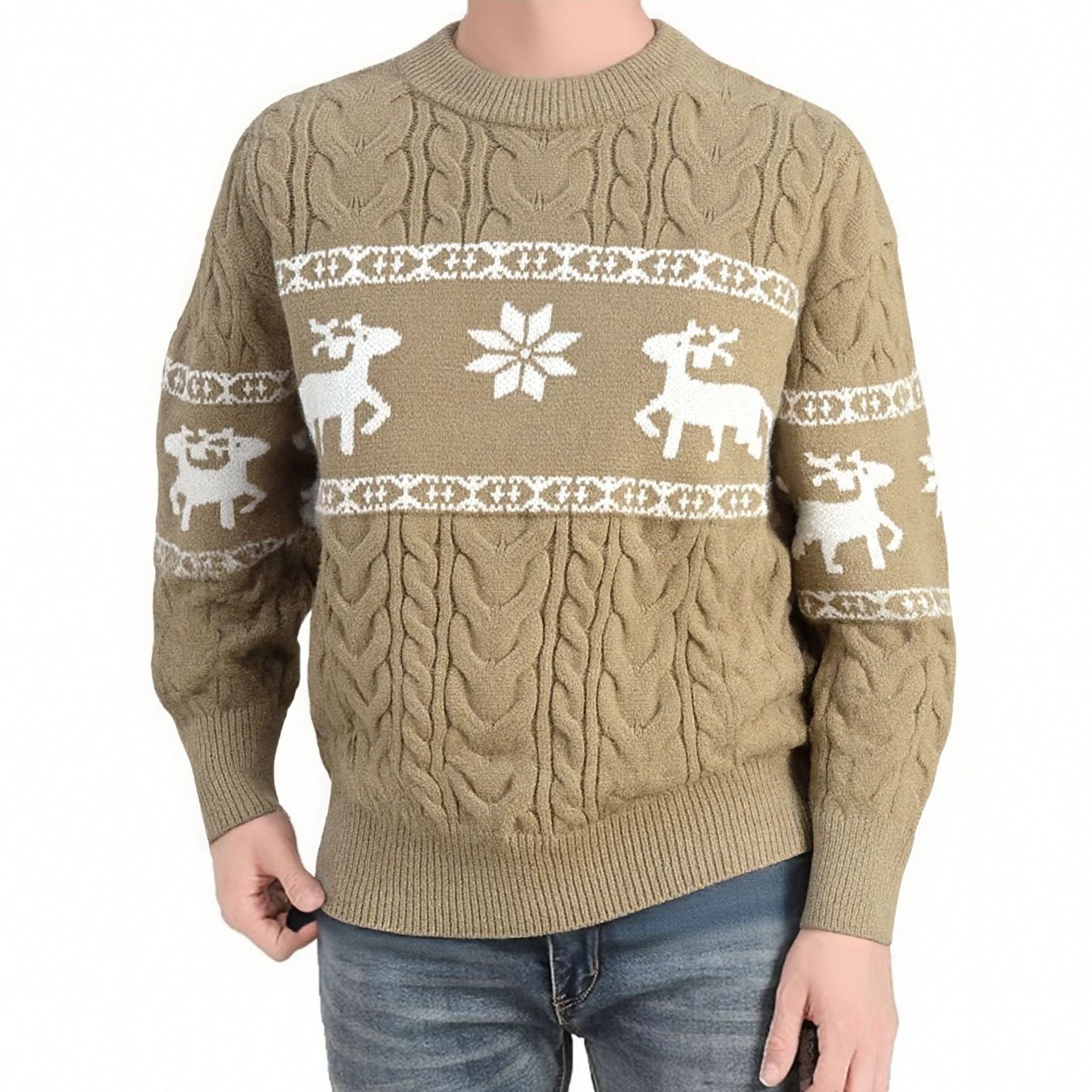 Men's khaki round neck sweater coat with reindeer pattern and jacquard knit design