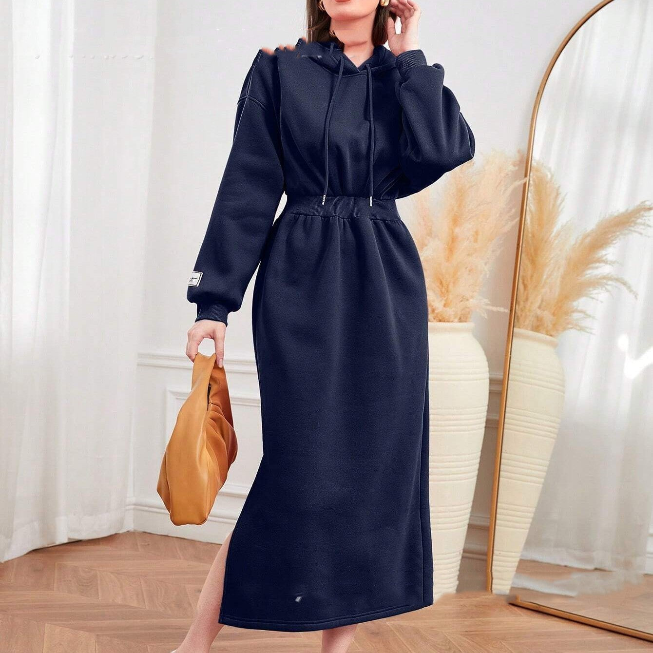 Women's Slit Drawstring Mid-length Sweater Dress