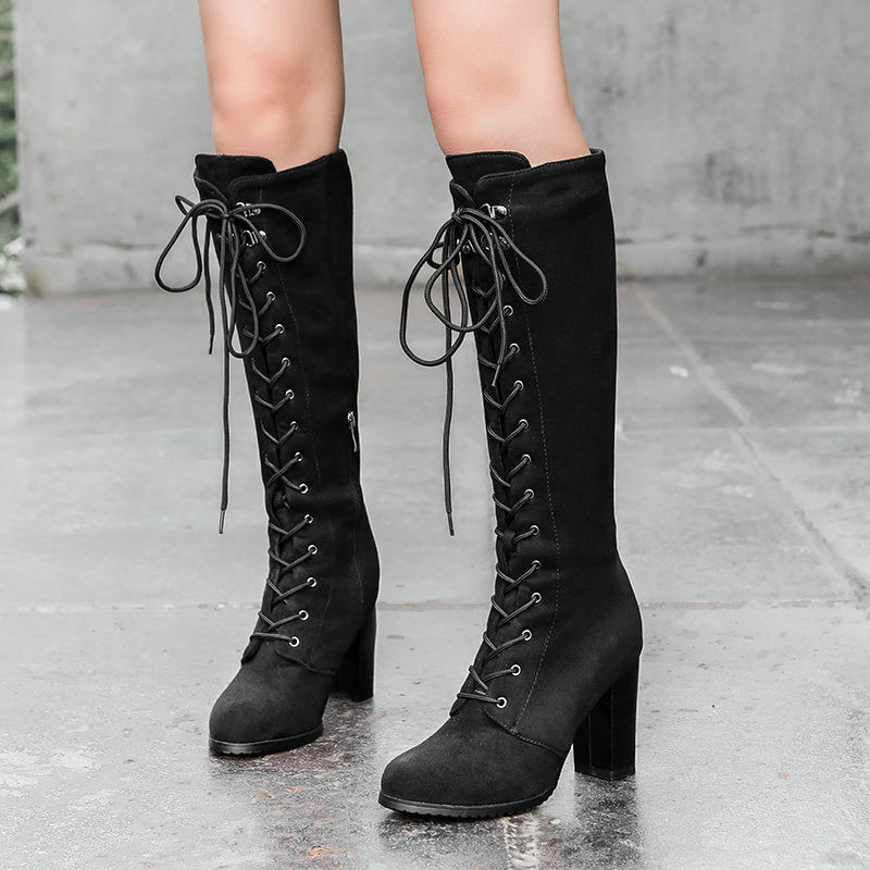 Women's Suede Front Lace High Heel Knee Length Boots