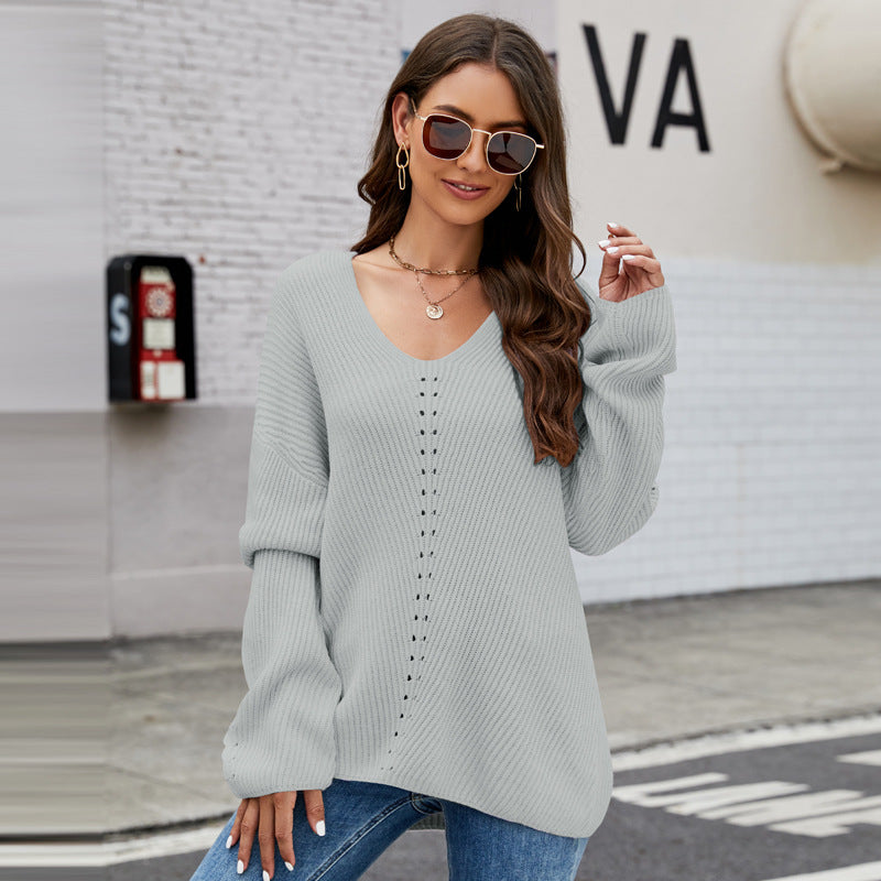 Women's Solid V-Neck Long Sleeve Sweater in 3 Colors S-XXL - Wazzi's Wear