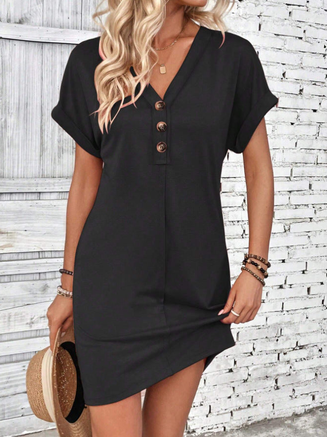 Women's Solid Colour Short Sleeve V-Neck Shirt Dress