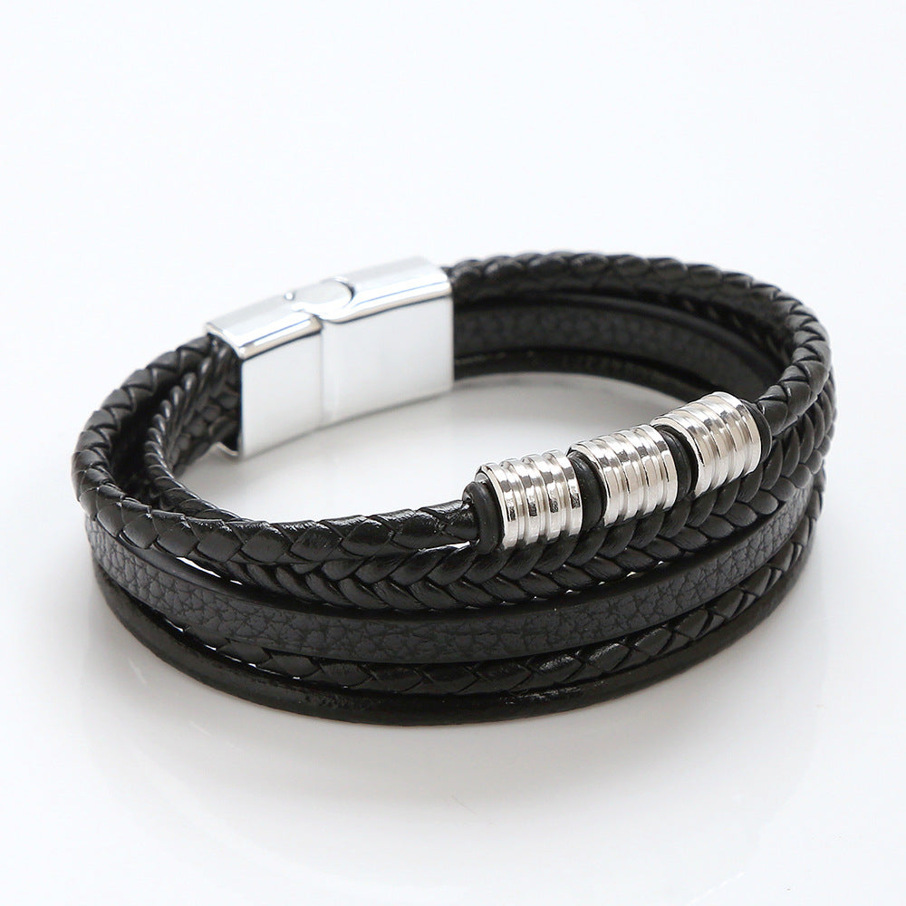 Men’s Stainless Steel and Leather Woven Bracelet with Magnetic Buckle in 4 Colors - Wazzi's Wear