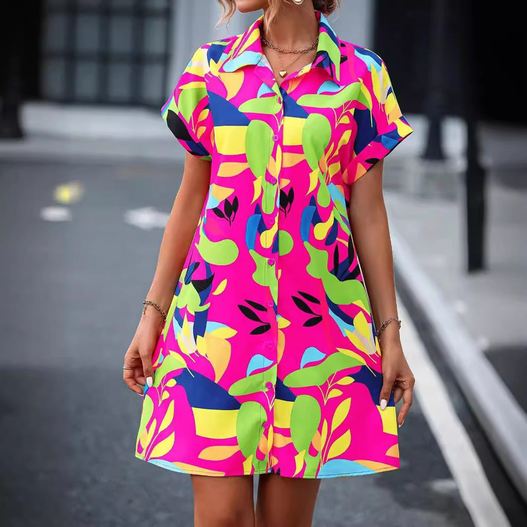 Women’s Short Sleeve Loose Fit Printed Shirt Dress with Lapel