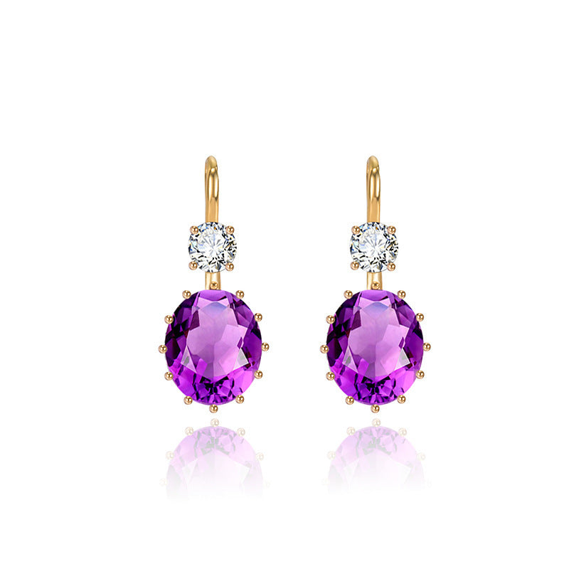 Oval Purple Diamond Zircon Women's 18K Gold Amethyst Earrings