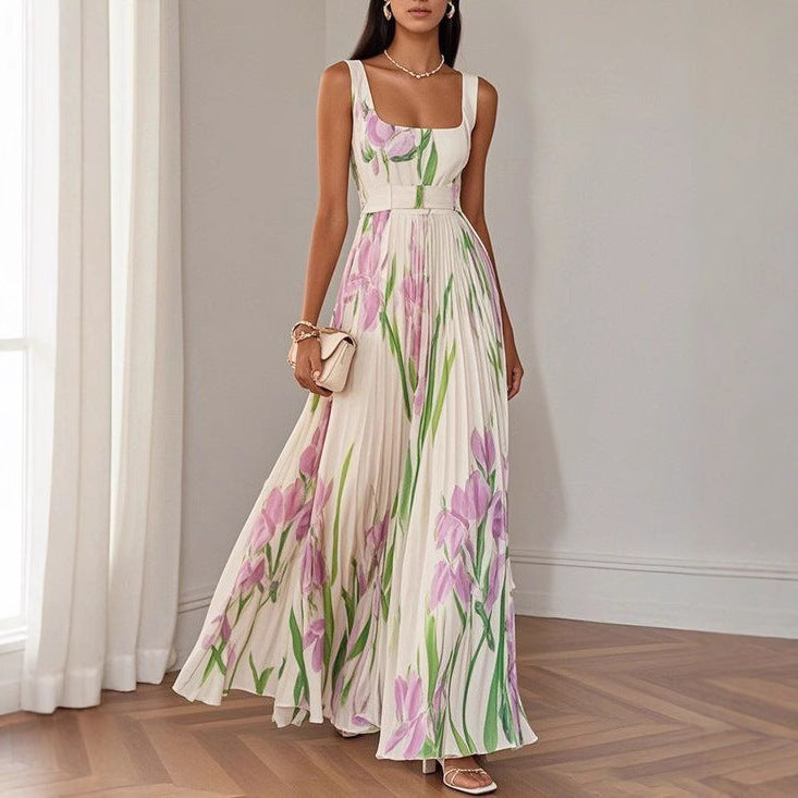 European And American Pleated Printing Dress