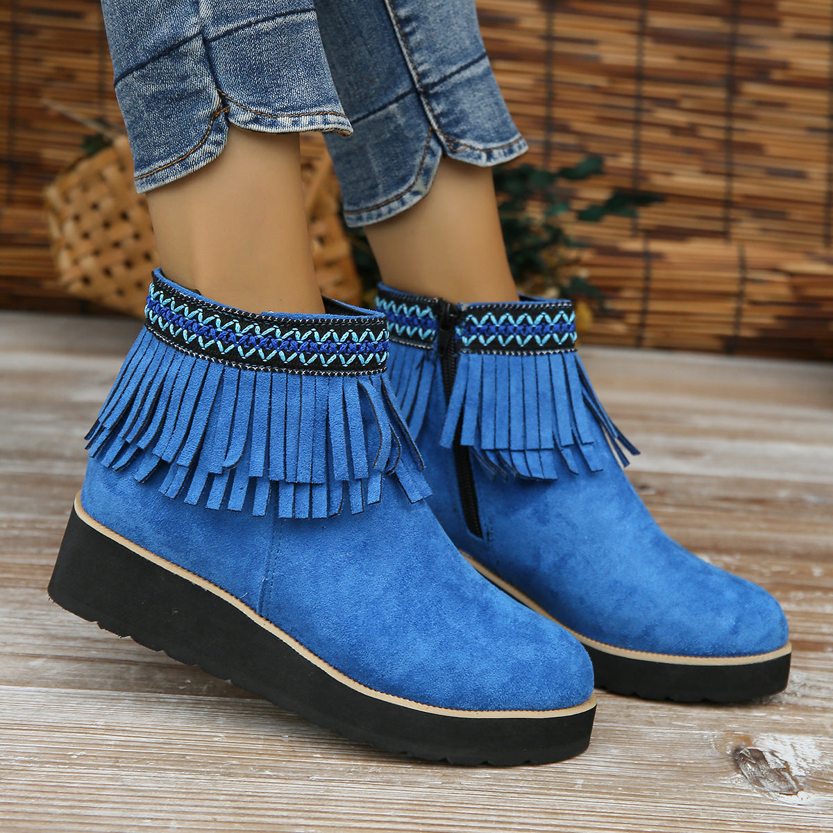 Women s Suede Ankle Boots with Fringe and Wedge Heel in 3 Colors Dark Brown 38