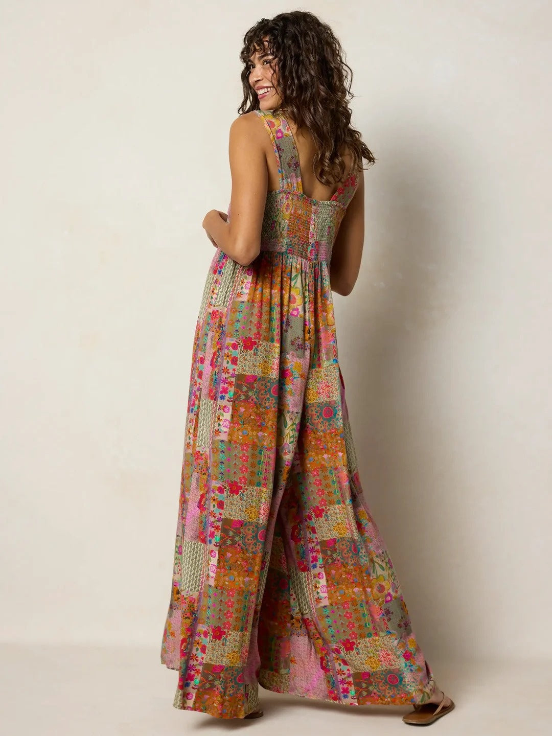 Patchwork Retro Suspender Wide-Leg Stretch Casual Jumpsuit