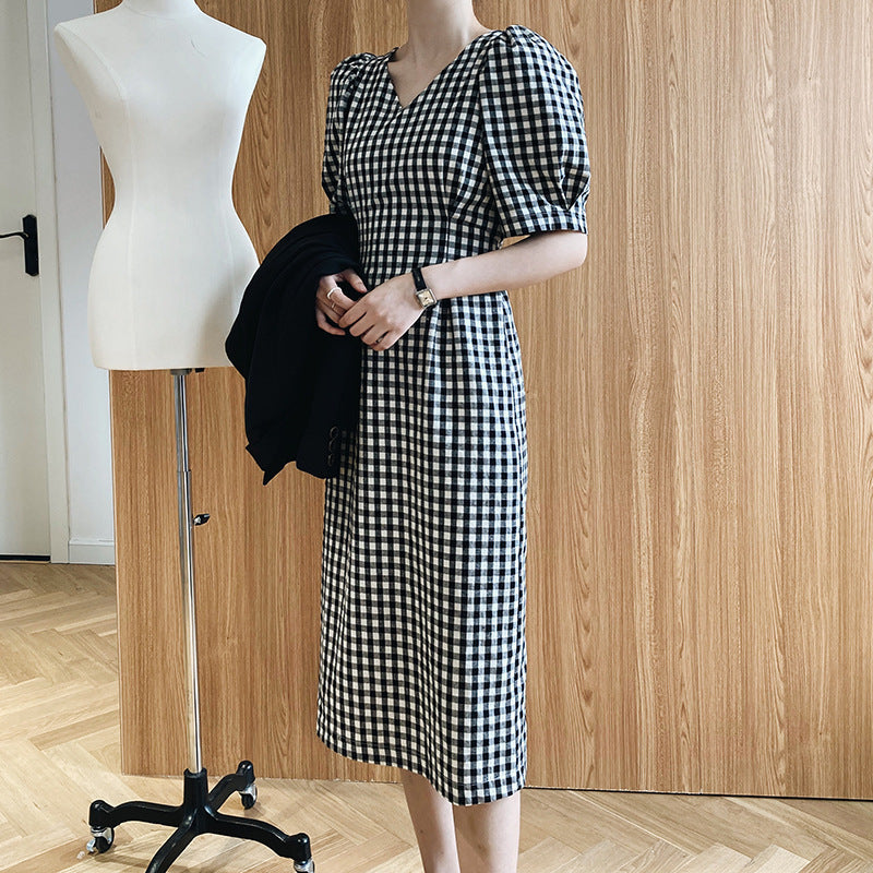 French Vintage Cotton Linen Black And White Plaid Dress