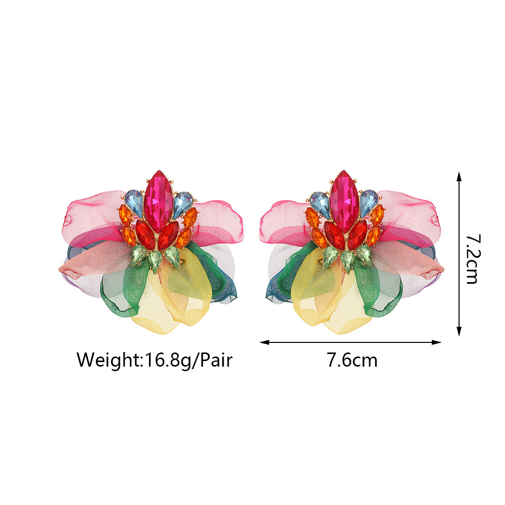 Colorful Sparkly Rhinestone Chiffon Flower Large Stud Earrings For Women Bold Statement Jewelry For Party Prom Vacation