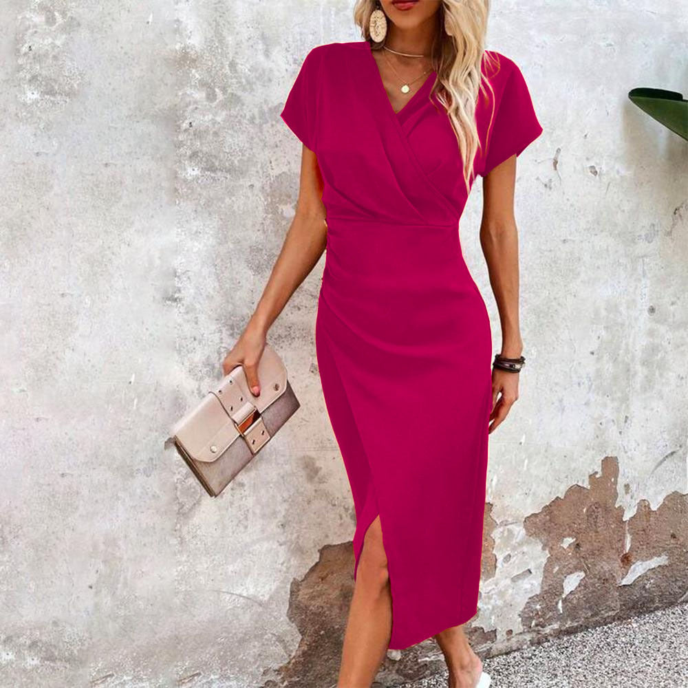 Women's Elegant V-Neck Short Sleeve Midi Dress with Wrap Waist