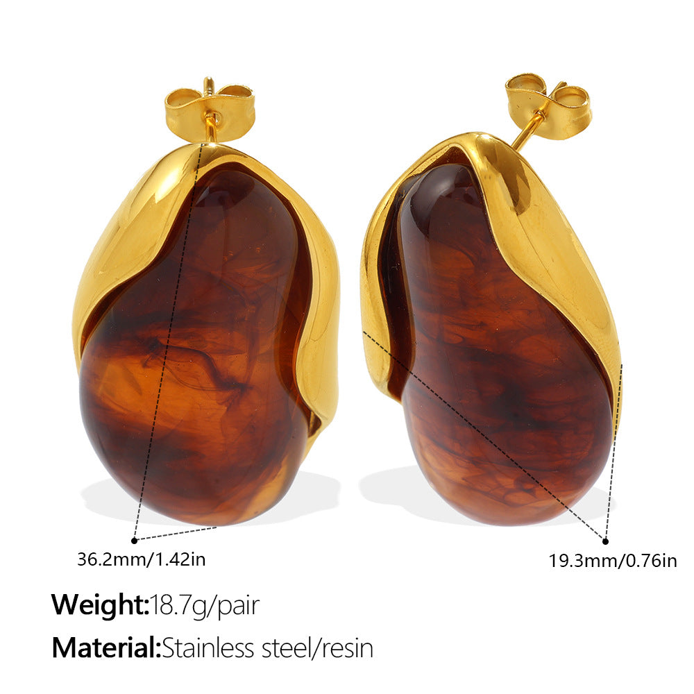 Retro Irregular Amber Powder-white-blue Gradient Gold-edge Earrings With Gold Trim - Non-fading, 18K Gold Plated, Unique Ear Jewelry For The Fashion-forward.
