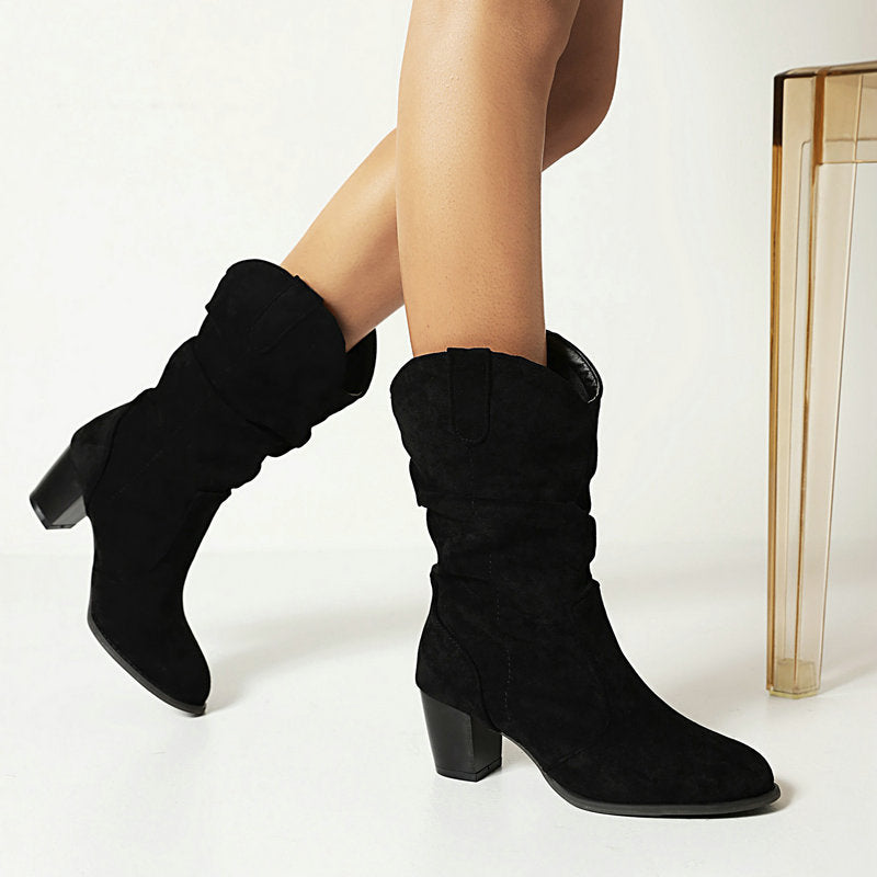 Women’s Suede Chunky Heel Mid-Calf Boots in 4 Colors - Wazzi's Wear