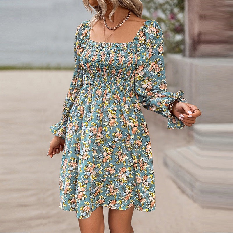 Women's Fashionable All-match Beach Print Square Collar High Waist Casual Dress