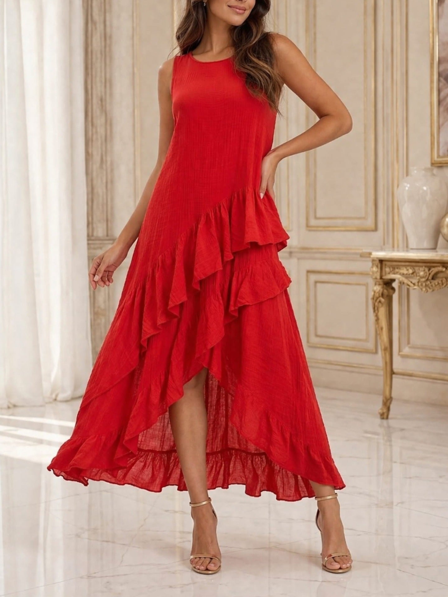 Elegant Casual Asymmetrical Ruffle-Trimmed Resort-Style Dress