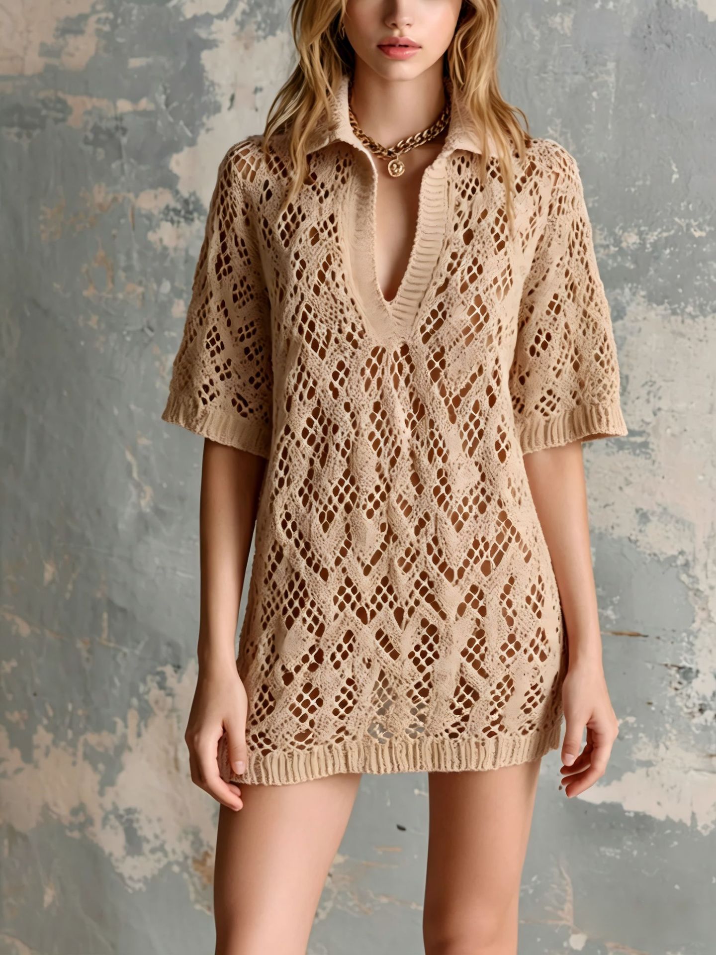 V-neck Short-sleeve Loose Hollow-out Knit Mini Dress