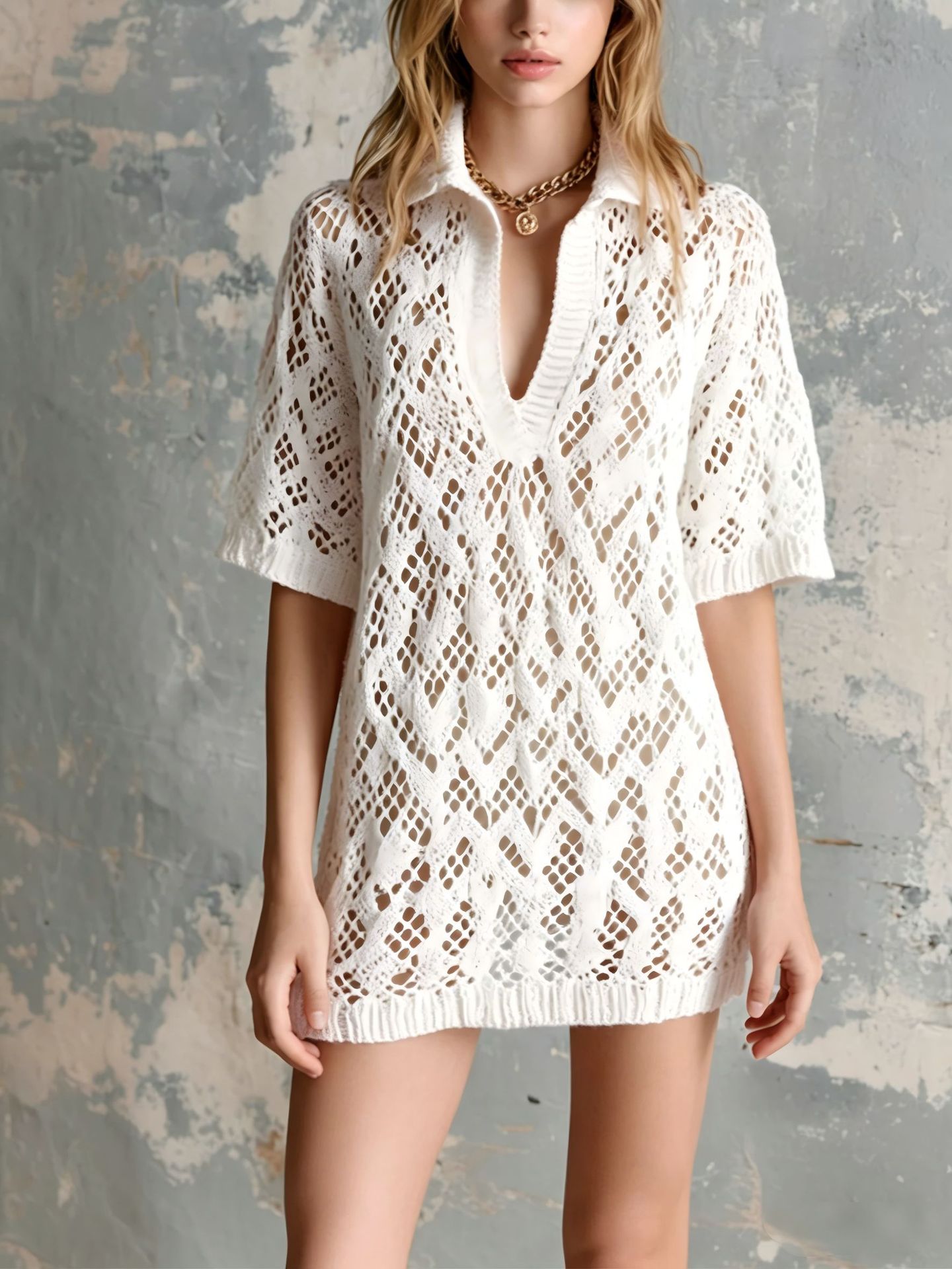 V-neck Short-sleeve Loose Hollow-out Knit Mini Dress