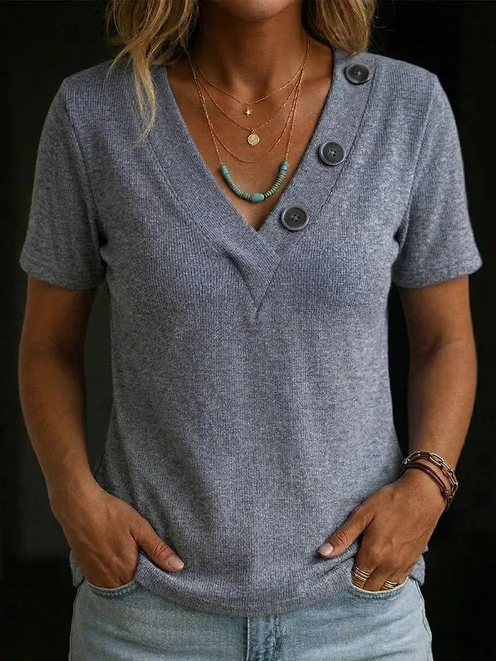 Women's Casual V-Neck Short-Sleeve T-Shirt With Buttons