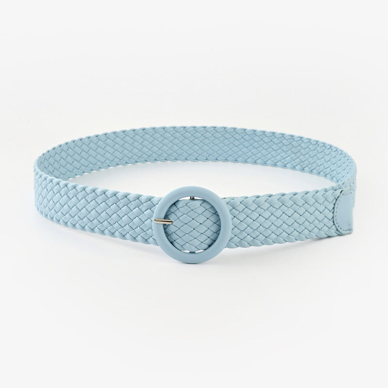 Woven Solid Colour Women’s Belt with Round Buckle