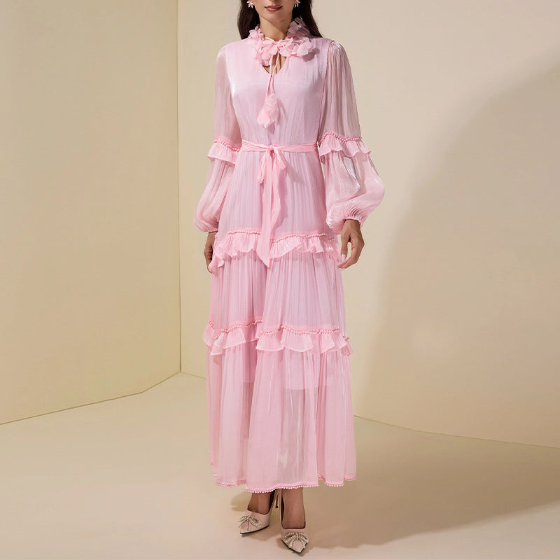 Women's Ruffled Panel Long-Sleeve Elegant Chiffon Dress