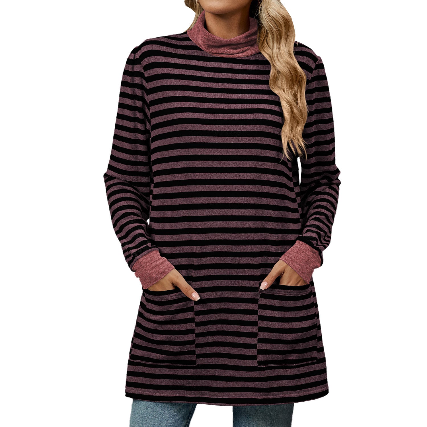 Women’s Turtleneck Striped Long Sleeve Shirt with Pockets