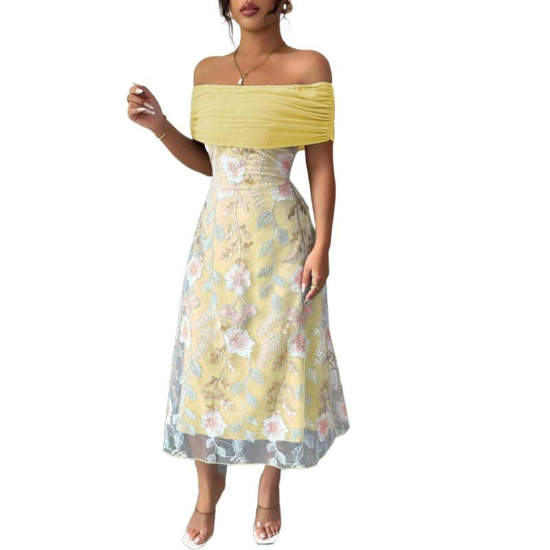 Mesh-Panel Off-the-Shoulder Pleated Dress For Women