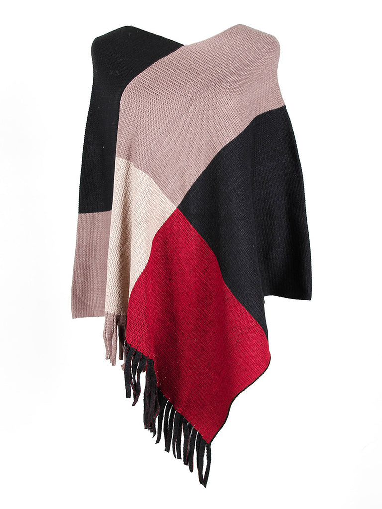 Women’s Knit Colorblock Fringed Shawl Poncho in 5 Colors - Wazzi's Wear