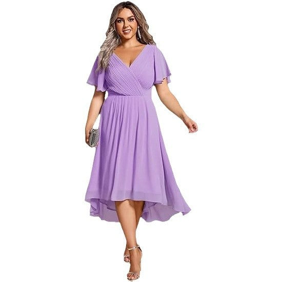 Banquet Evening Dress A- Line V-neck Chiffon Short Sleeve Knee-length Plus Size