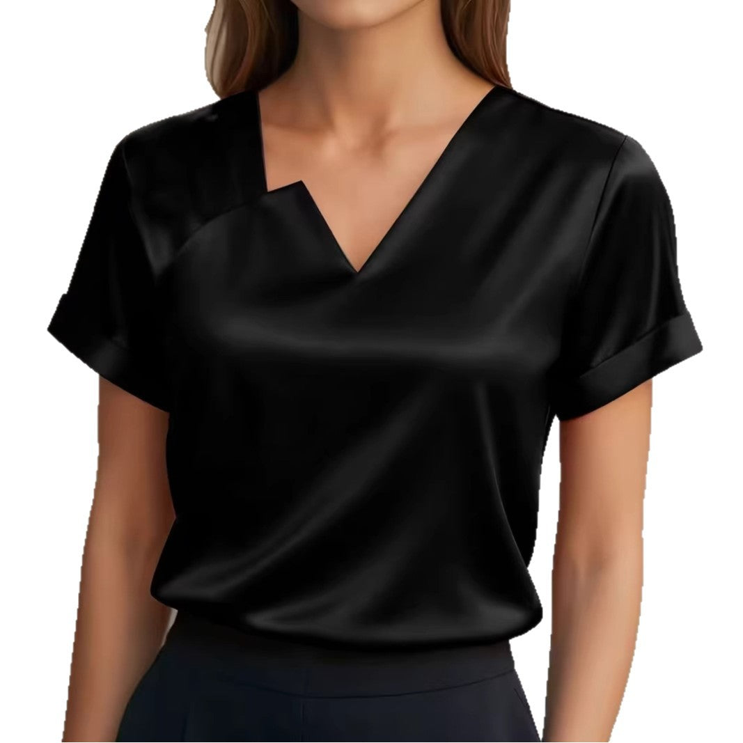 Satin Asymmetric V-Neck Short-Sleeve Shirt For Women