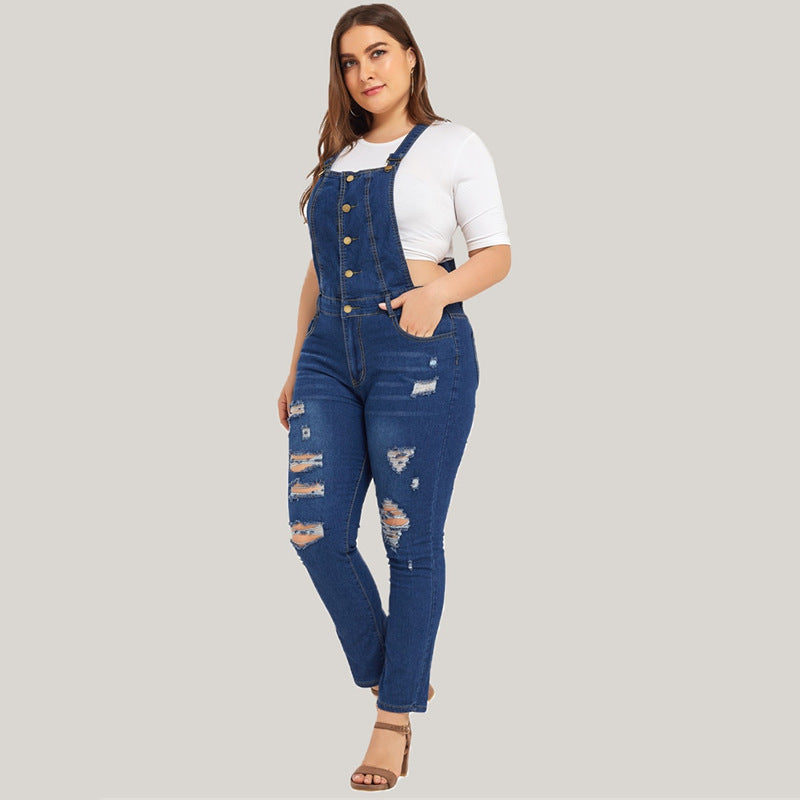 Women’s Plus Size Ripped Denim Bib Overalls L-5XL - Wazzi's Wear