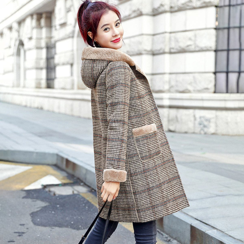Women’s Mid-Length Hooded Woolen Checkered Coat with Pockets S-3XL - Wazzi's Wear