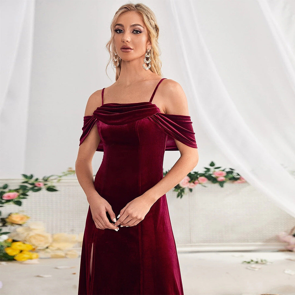 Velvet Off-shoulder Spaghetti Straps Temperament Wild Dress