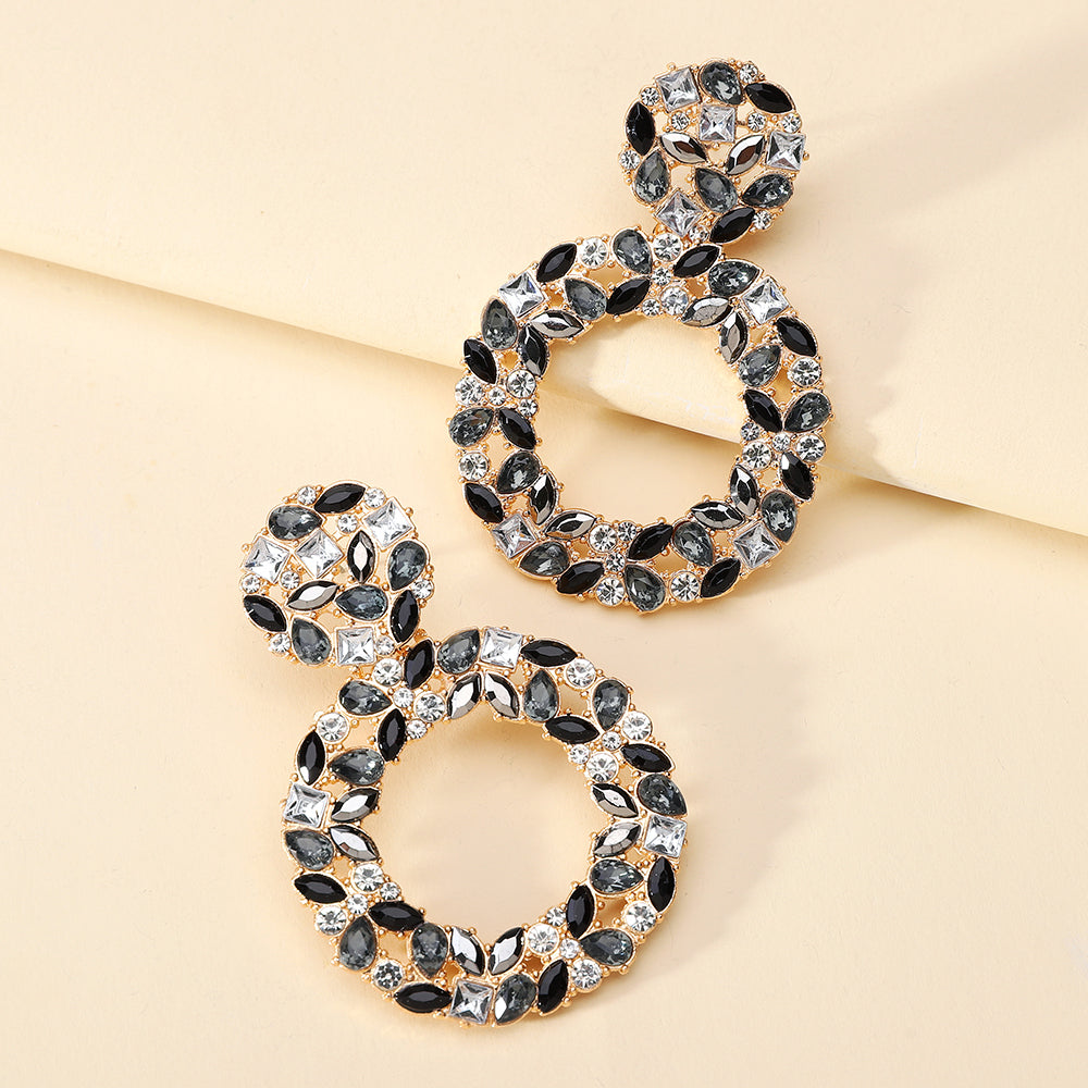 Luxury Elegant Two Tier Full Rhinestone Hollow Circle Statement Dangle Earrings For Women Party Prom Wedding Evening Daily Wear