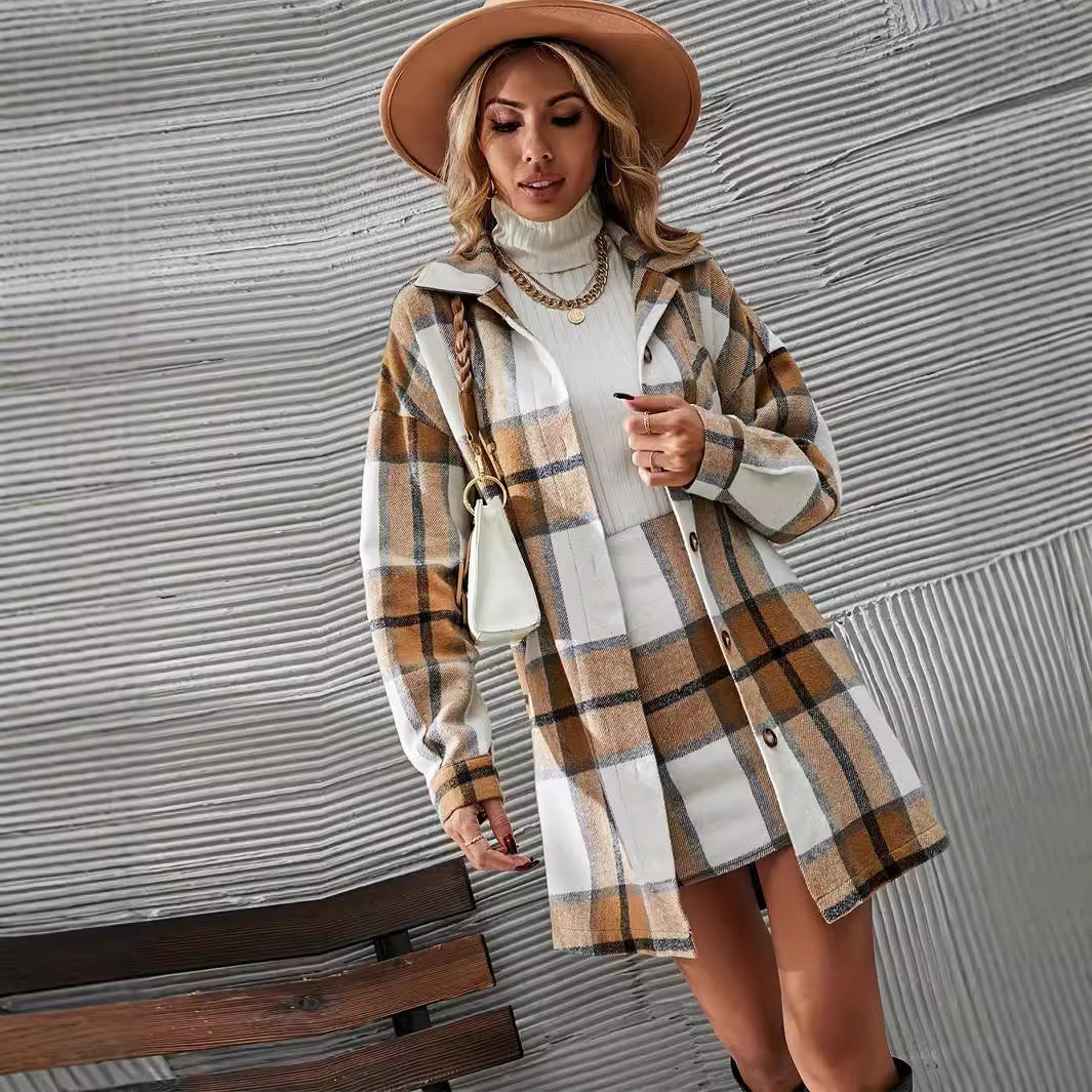 Women's Casual Woolen Women's Plaid Coat Skirt Suit