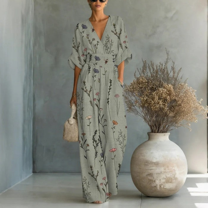 Waist-cinched V-neck Printed Womens Jumpsuit